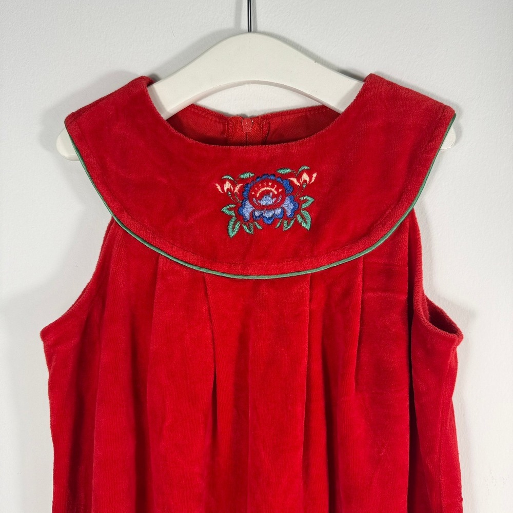 Vintage St Michael Girls Red Velour Embroidered Floral Holiday Dress Size 5